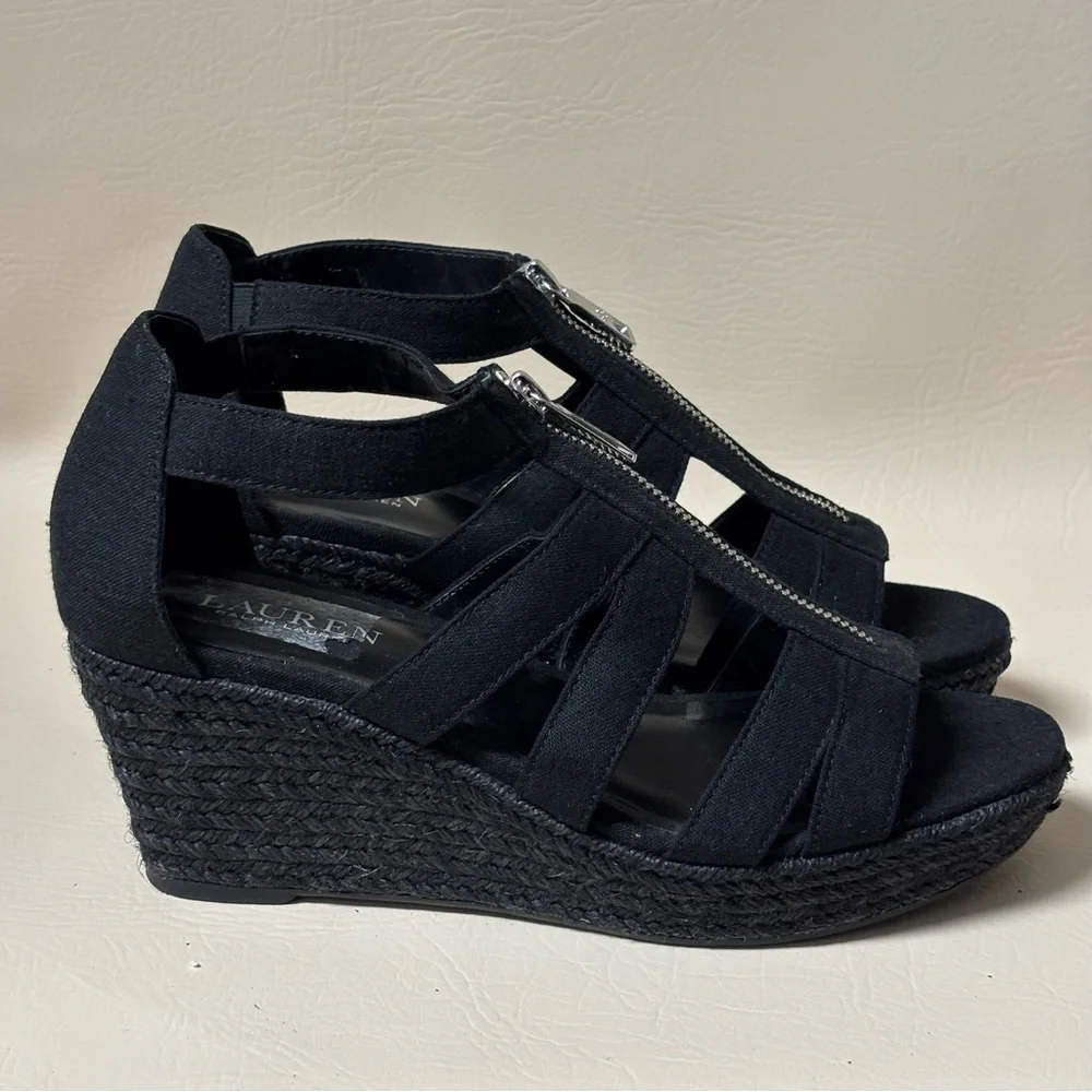 Ralph Lauren Kelcie Fabric Open Toe Casual Espadrille Wedge Sandals  Blk Sz 9